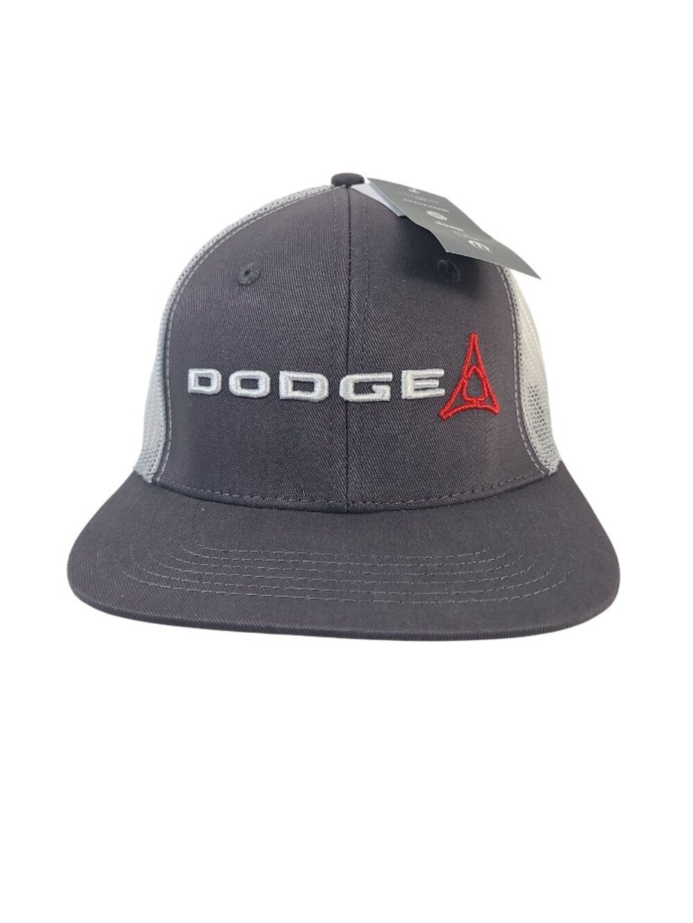 NEW Dodge Structured Flat Brim Mesh Back Cap Tri-Logo Embroidery Gray & White